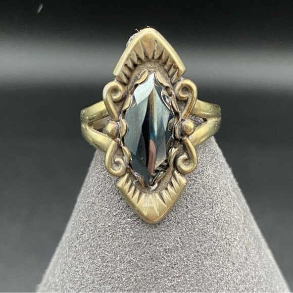 Art Deco Hematite and Brass Vintage Marquise Style Ring Silver Size 5.5Rare - Picture 3 of 16